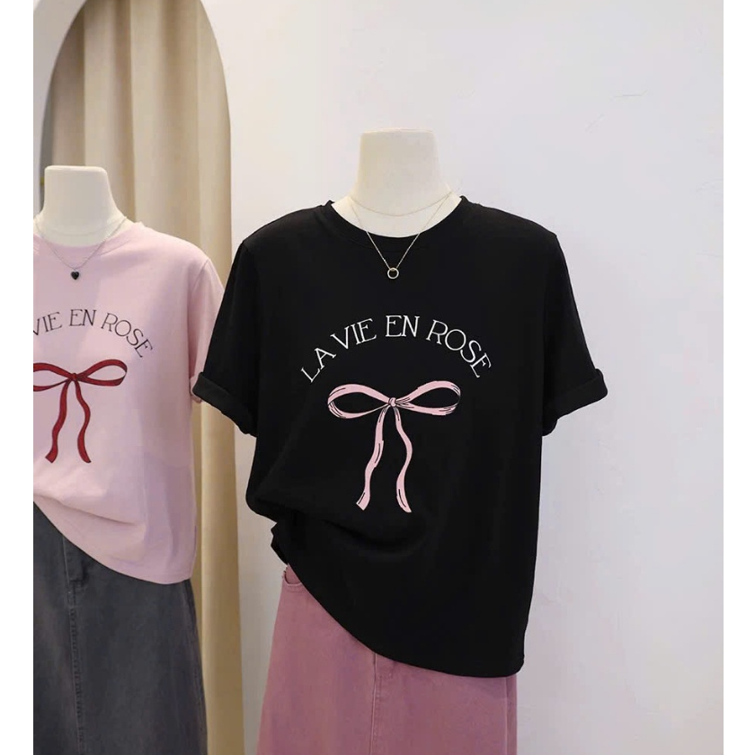 Áo thun nữ ngắn tay dáng rộng in hình Nơ hottrend JULY FASHION, Áo thun nữ in hình chất thun Cotton dày dặn mát mẻ