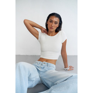 THEKIM Áo thun ngắn tay (mút ngực tháo rời) khoét lưng sâu , áo thun crotop ôm dáng chất liệu soft rib 100% cotton T349