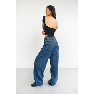 THEKIM Quần Jean ống suông đứng cạp cao phối line , quần jeans ống suông rộng classic J348
