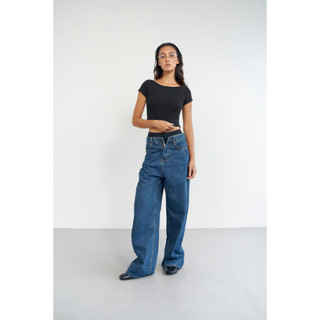 THEKIM Quần Jean ống suông đứng cạp cao phối line , quần jeans ống suông rộng classic J348