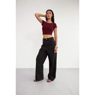 THEKIM Quần Jean ống suông đứng cạp cao phối line , quần jeans ống suông rộng classic J348