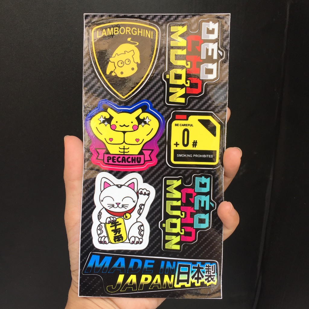Sticker hình dán cho mượn, lambo, mèo thần tài, pikachu. Decal cao cấp chống nước