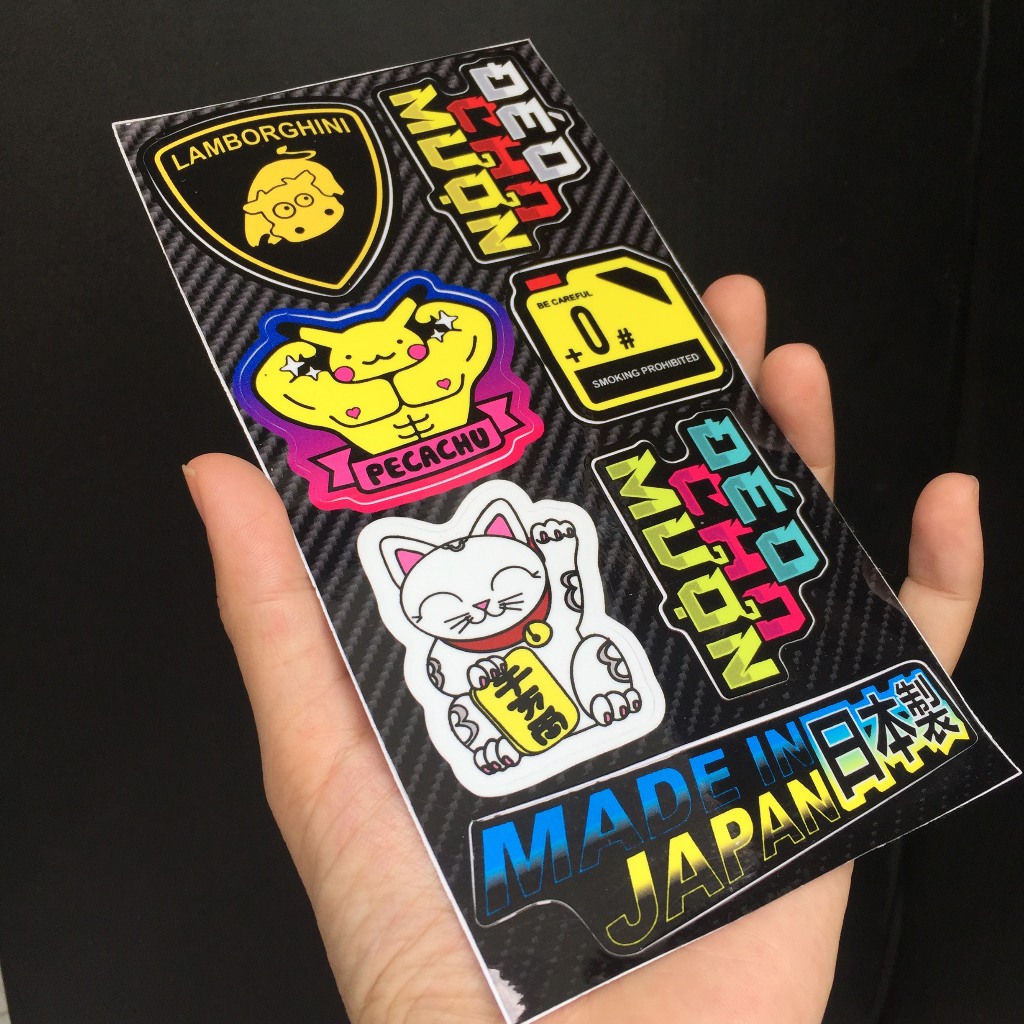 Sticker hình dán cho mượn, lambo, mèo thần tài, pikachu. Decal cao cấp chống nước
