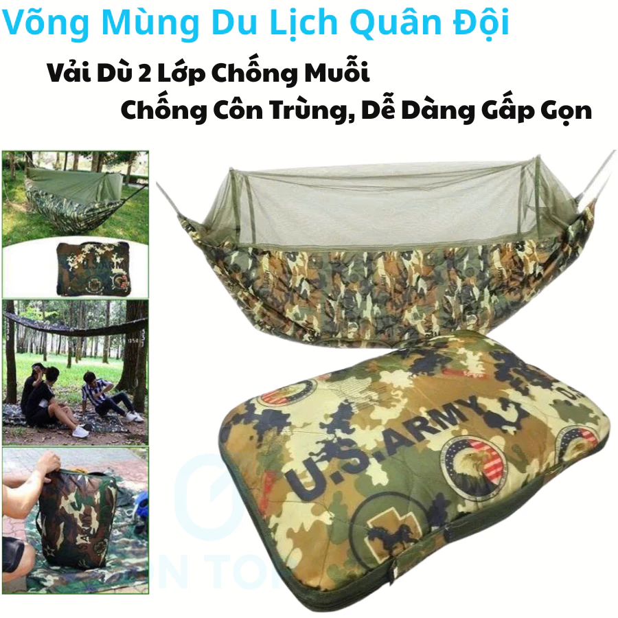 Võng Kèm Mùng Du Lịch Gấp Gọn Vải Lót Bông 3 Lớp Dày Dặn Chống Muỗi Chống Côn Trùng Cao Cấp