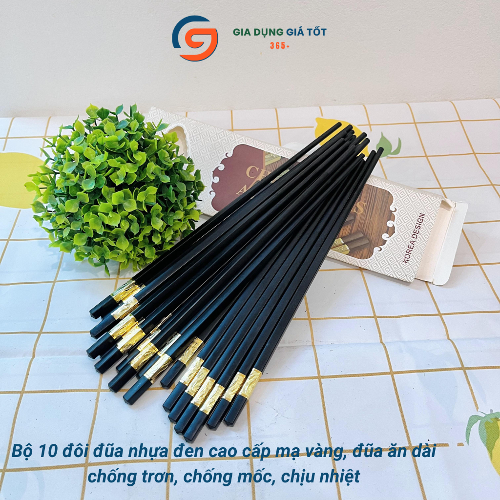 Bộ 10 đôi đũa nhựa đen cao cấp mạ vàng, đũa ăn dài chống trơn, chống mốc, chịu nhiệt