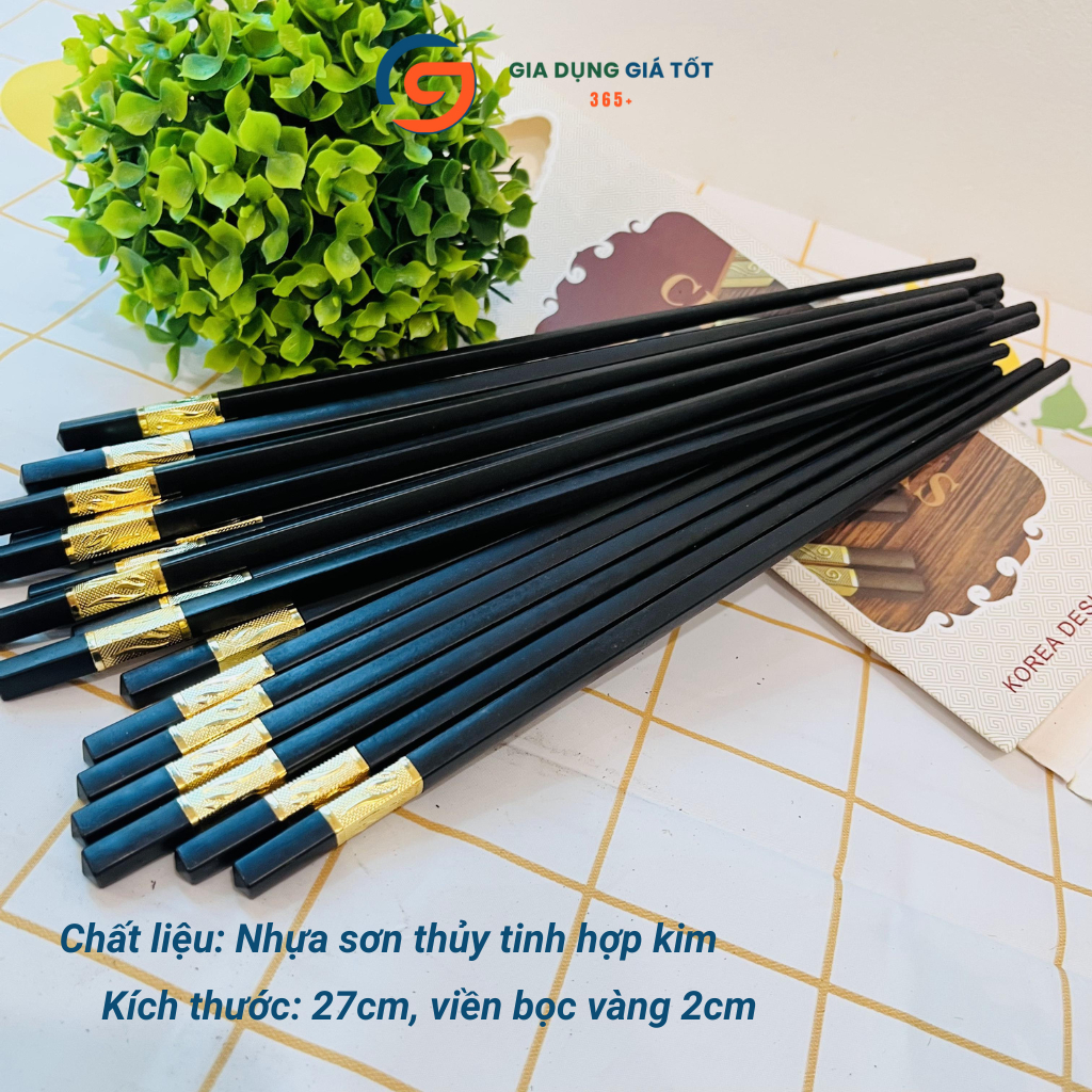 Bộ 10 đôi đũa nhựa đen cao cấp mạ vàng, đũa ăn dài chống trơn, chống mốc, chịu nhiệt