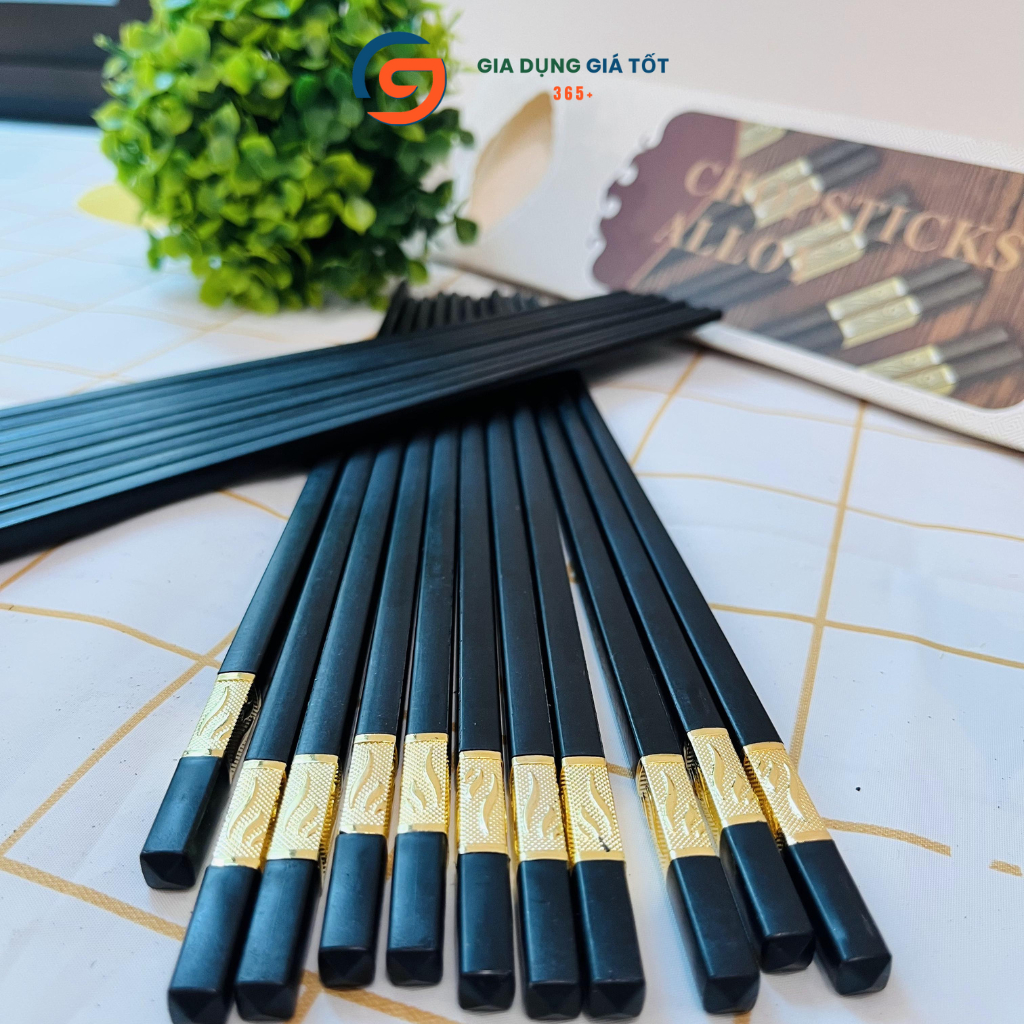 Bộ 10 đôi đũa nhựa đen cao cấp mạ vàng, đũa ăn dài chống trơn, chống mốc, chịu nhiệt