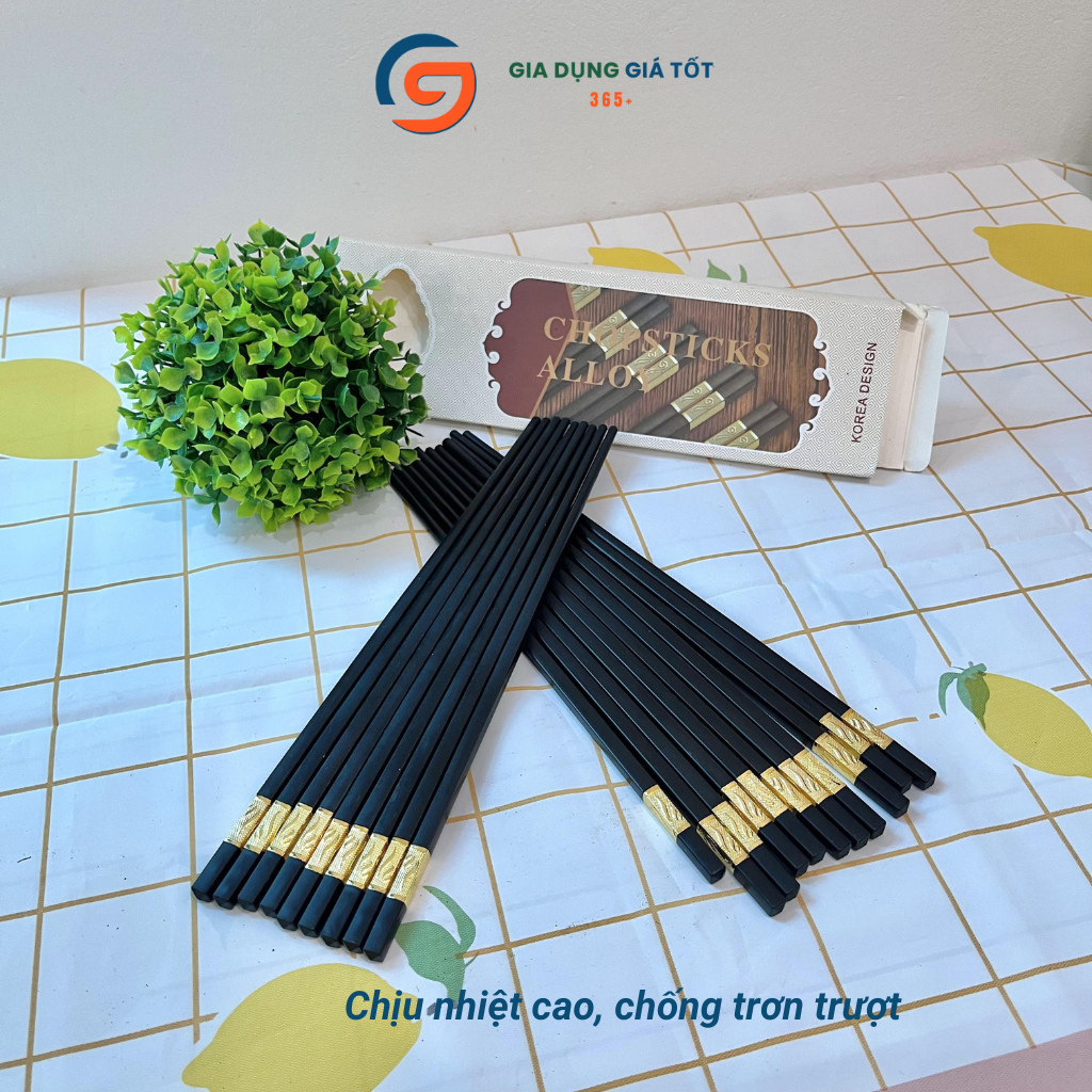 Bộ 10 đôi đũa nhựa đen cao cấp mạ vàng, đũa ăn dài chống trơn, chống mốc, chịu nhiệt