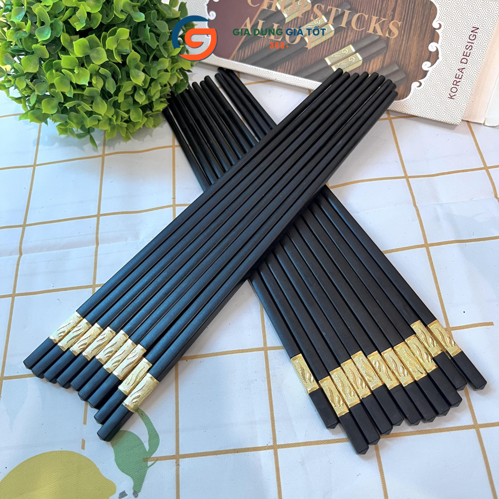 Bộ 10 đôi đũa nhựa đen cao cấp mạ vàng, đũa ăn dài chống trơn, chống mốc, chịu nhiệt