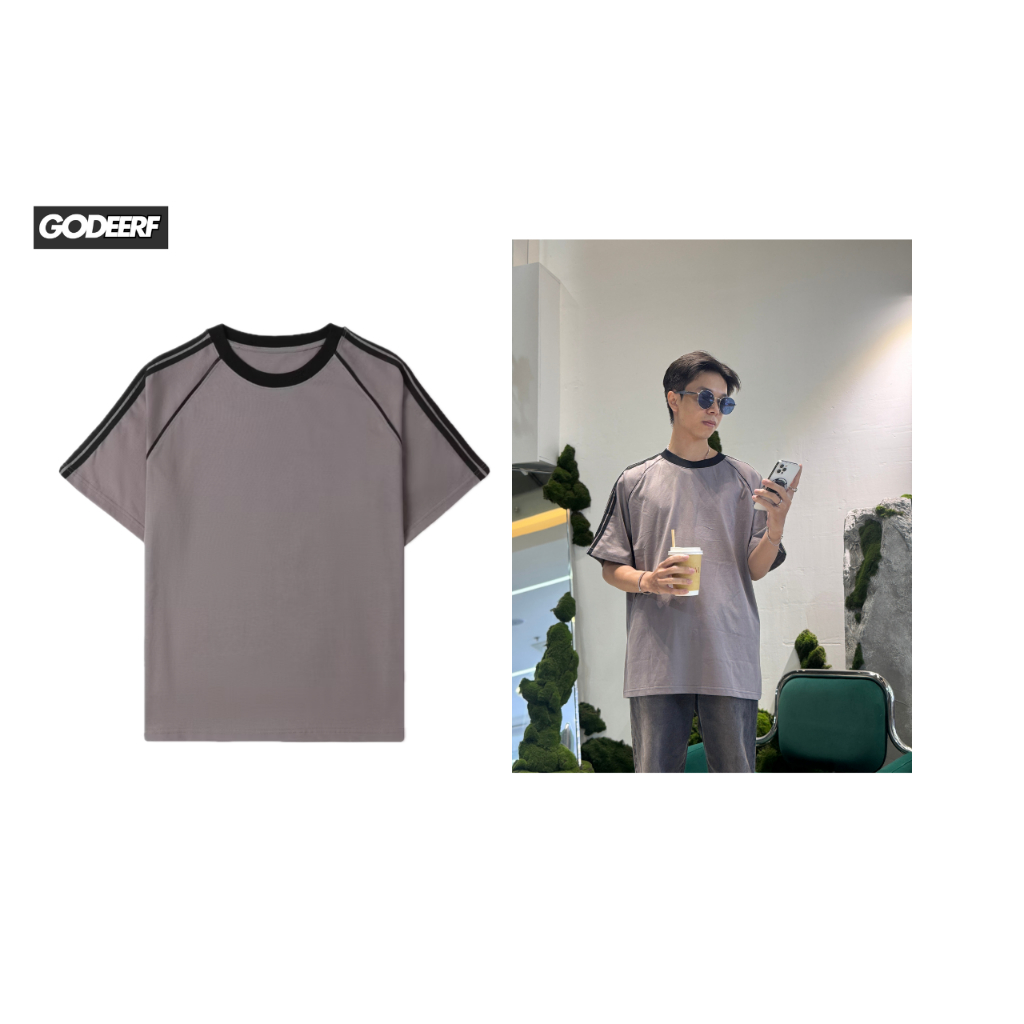 Áo thun trơn raglan line Unisex 100% cotton 250GSM GodeerF cổ tròn nam nữ form BASIC 2 SỌC_MHS001