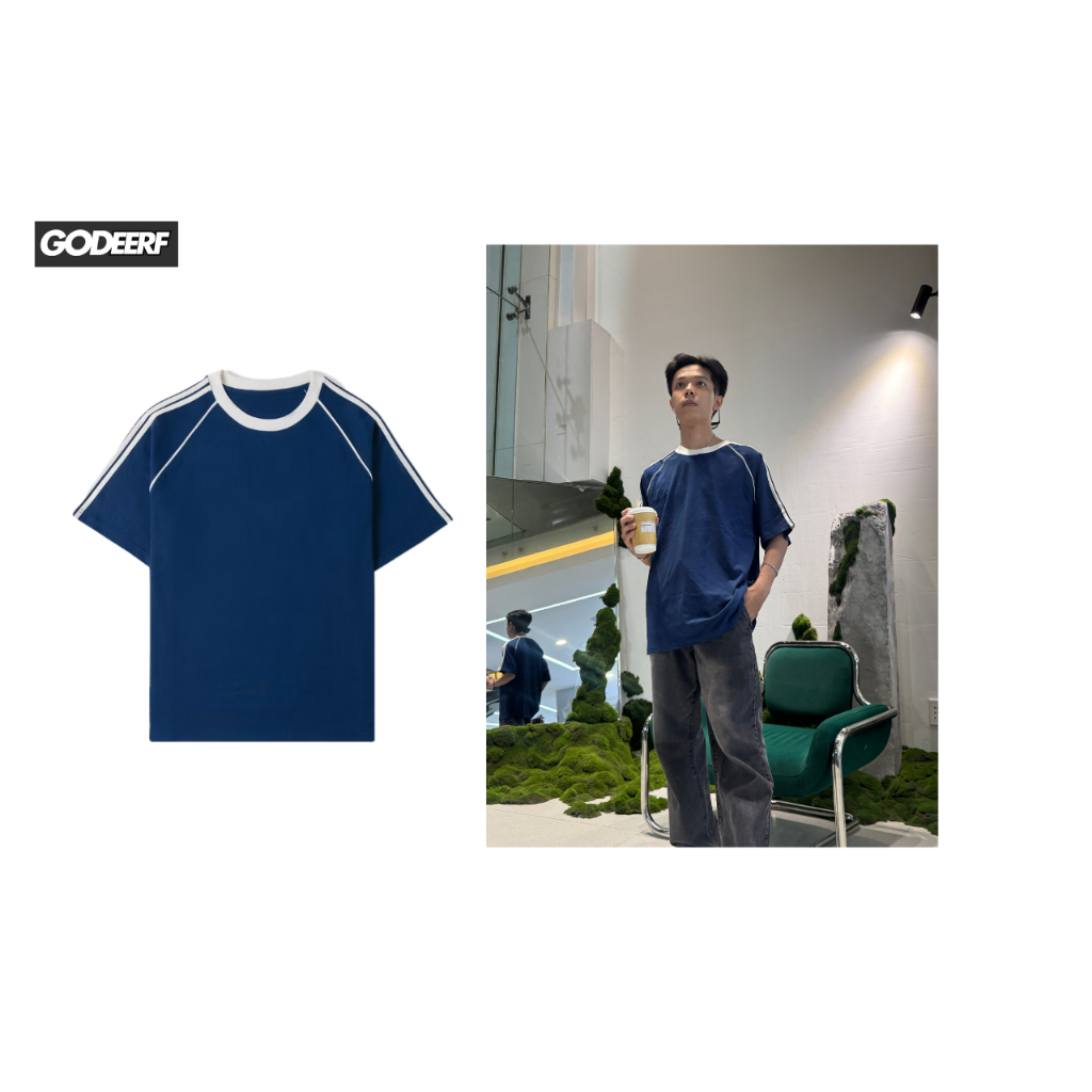 Áo thun trơn raglan line Unisex 100% cotton 250GSM GodeerF cổ tròn nam nữ form BASIC 2 SỌC_MHS001