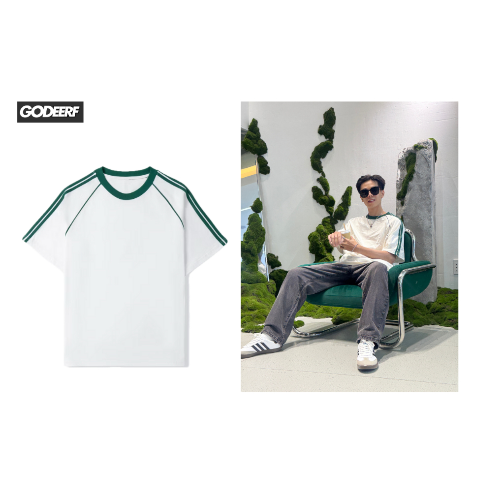 Áo thun trơn raglan line Unisex 100% cotton 250GSM GodeerF cổ tròn nam nữ form BASIC 2 SỌC_MHS001