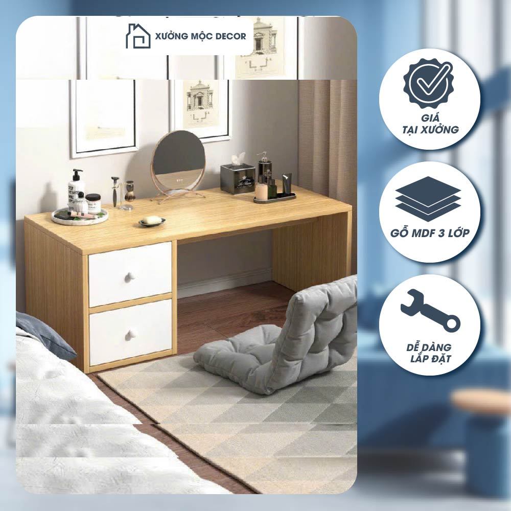 Bàn Trang Điểm Ngồi Bệt Xưởng Mộc Decor, Bàn Làm Việc Ngồi Bệt 2 Ngăn Kéo, Chất Liệu Gỗ MDF Cao Cấp