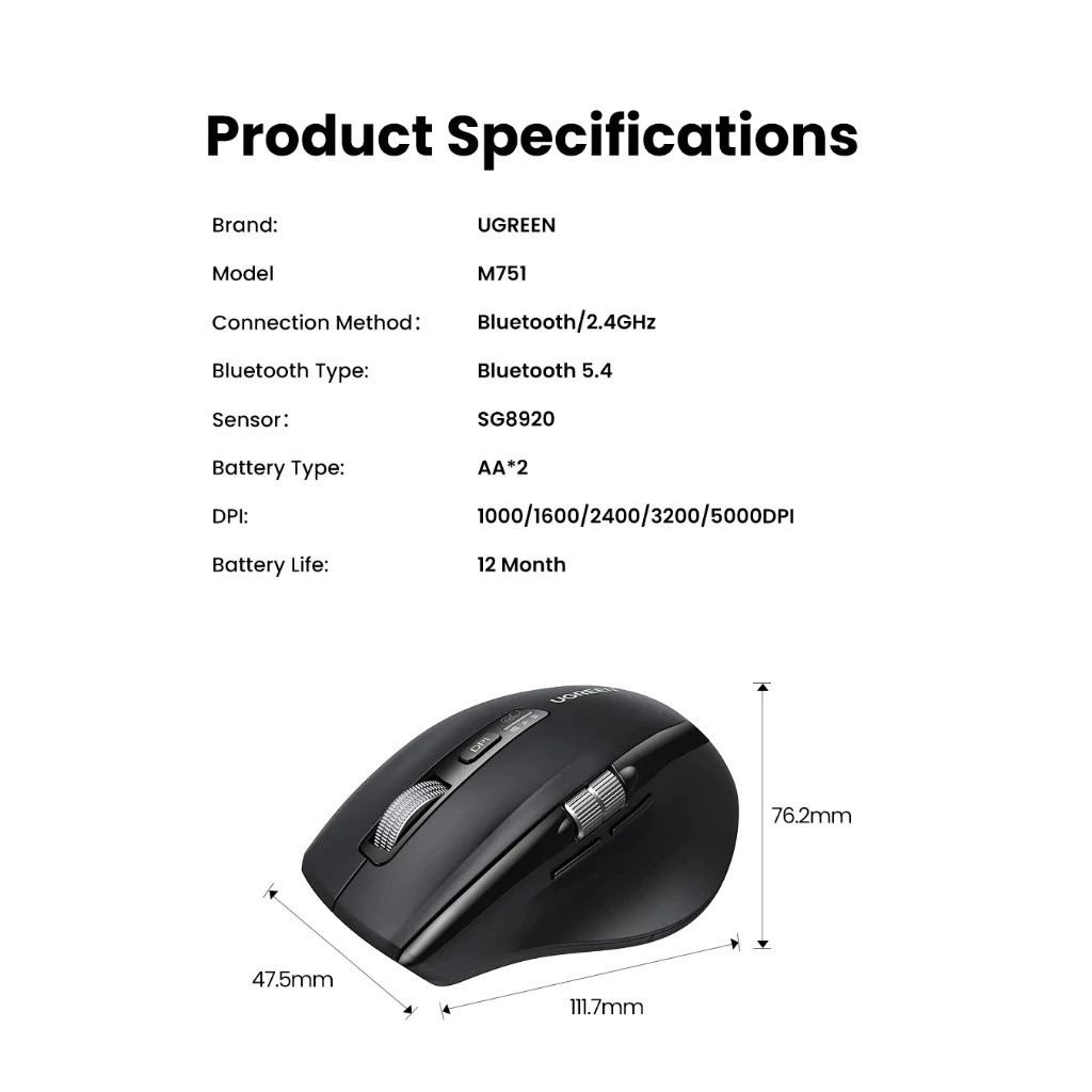 Chuột không dây 2.4Ghz+Bluetooth dùng cho máy tính + laptop + chất liệu nhựa ABS Ugreen 45792 M751 | BigBuy360 - bigbuy360.vn