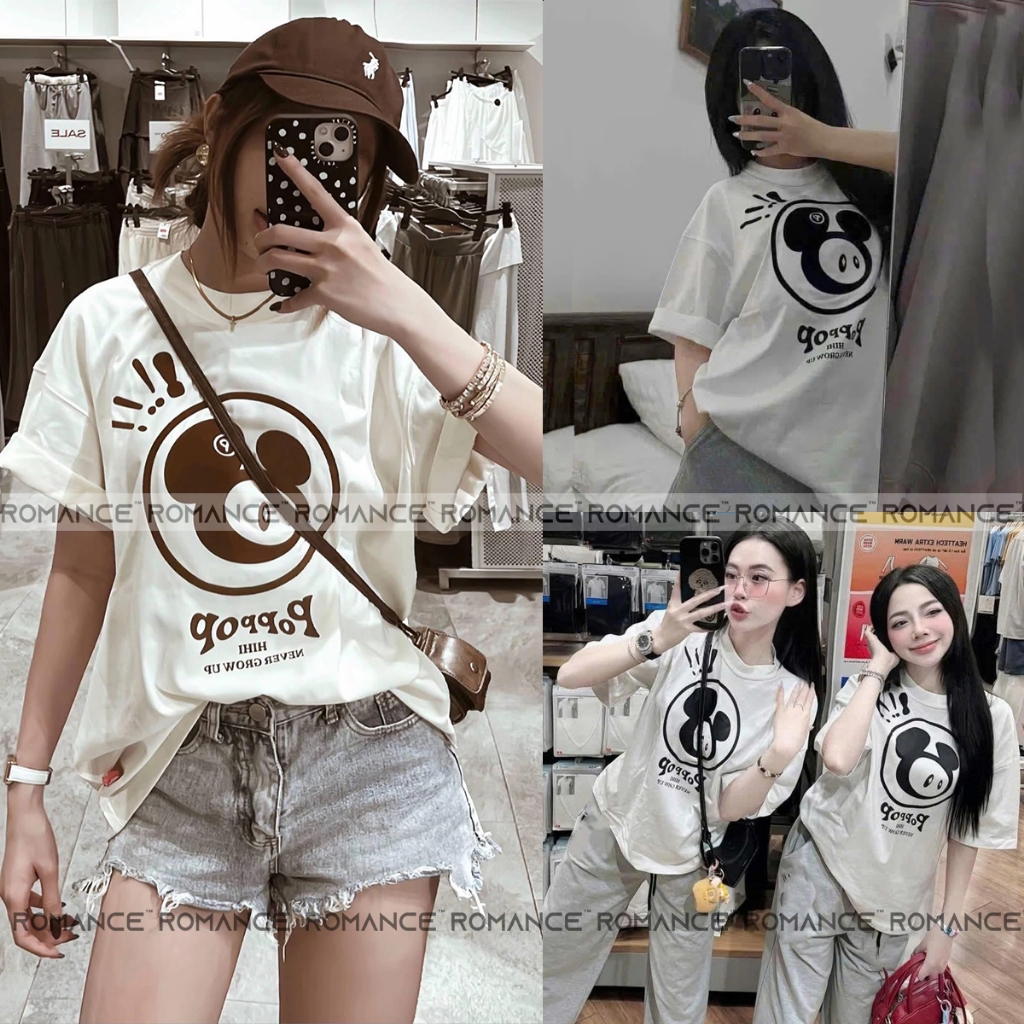 Áo Thun POPPOP Mặt Đen Đỏ Chất Liệu Cotton 100% 2 Chiều Cao Cấp Co Giãn Form Rộng Tay Lỡ, Định Lượng 260gsm Romance