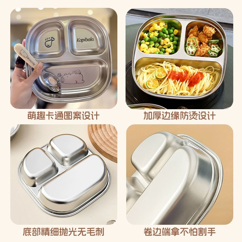 Khay INox 304 cho trẻ em bằng thép không gỉ Đĩa ăn hoạt hình Hộ gia đình Sinh viên Ngăn di động Hộp cơm trưa