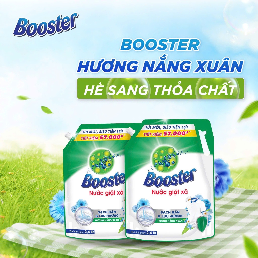 Thùng 4 túi nước giặt xả Bosster hương nắng xuân 2.4L/ túi, Combo tiết kiệm giặt & xả 2in1