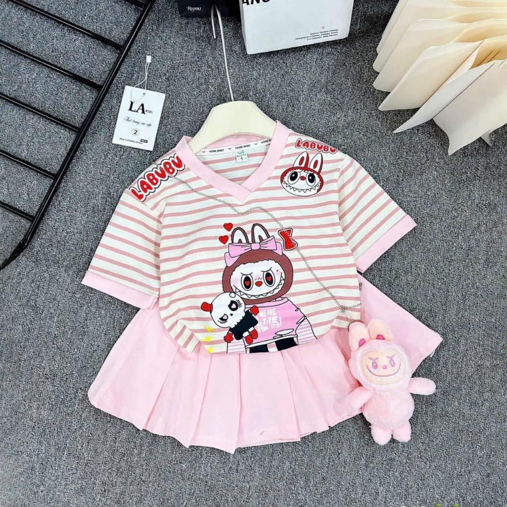 Có Lót Trong [7-41kg] Set Váy Xếp Ly Kẻ Sọc In Hình LABUBU Chất Liệu Tixi Dành Cho Bé Gái