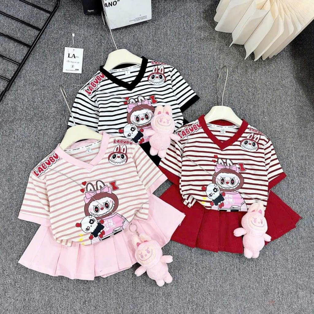 Có Lót Trong [7-41kg] Set Váy Xếp Ly Kẻ Sọc In Hình LABUBU Chất Liệu Tixi Dành Cho Bé Gái