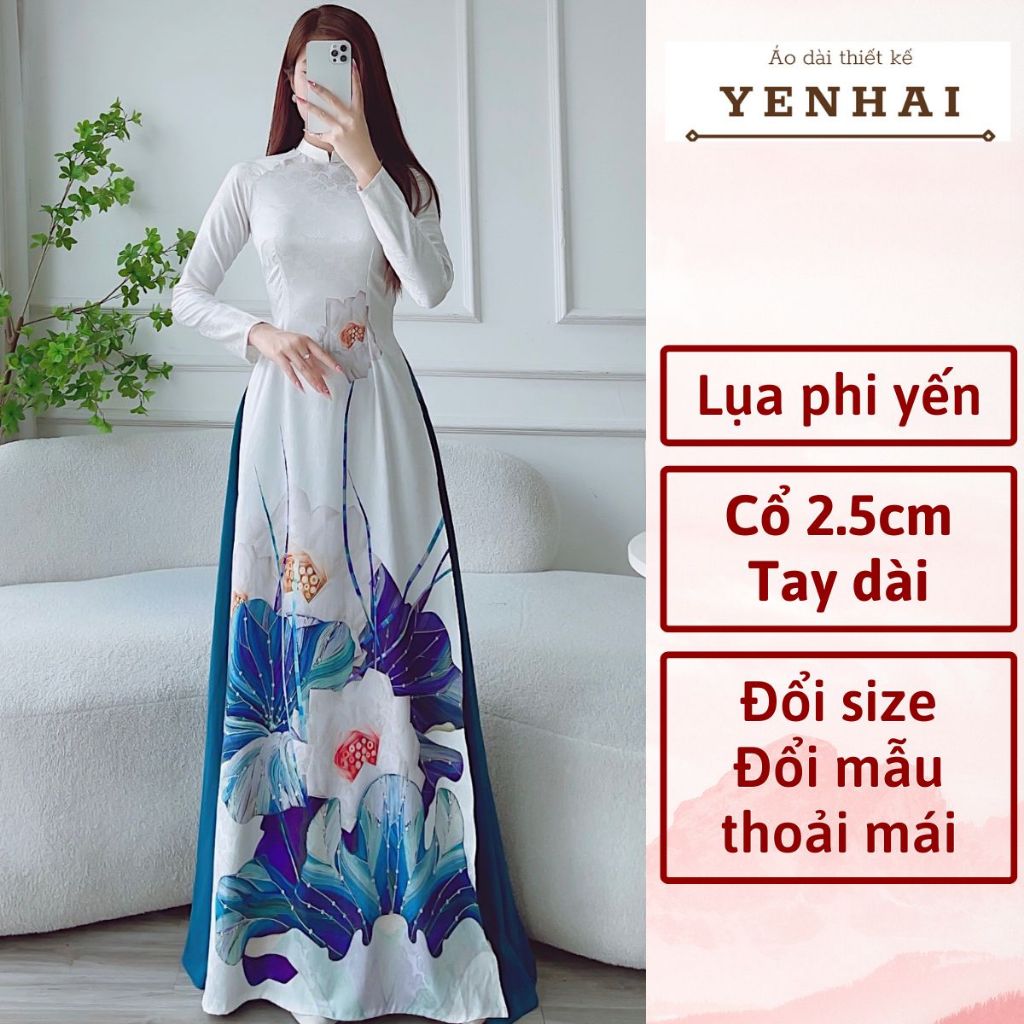 Áo dài cao cấp lụa phi yến thiết kế cổ cao tay dài in hoa sen lá xanh -PY12