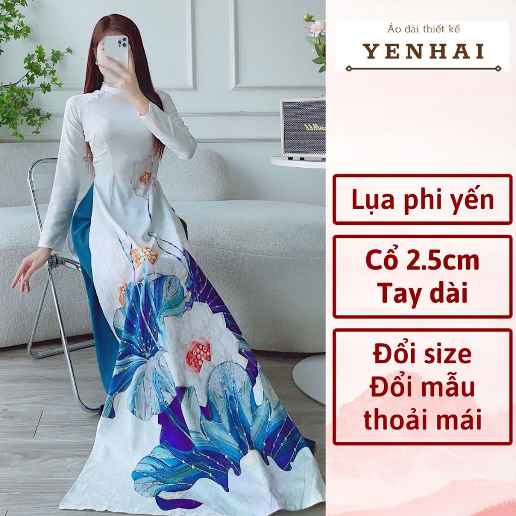 Áo dài cao cấp lụa phi yến thiết kế cổ cao tay dài in hoa sen lá xanh -PY12