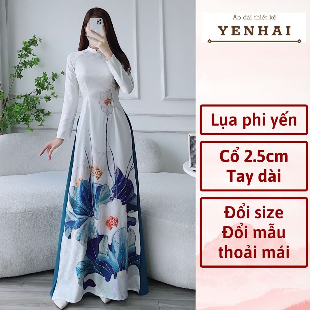 Áo dài cao cấp lụa phi yến thiết kế cổ cao tay dài in hoa sen lá xanh -PY12