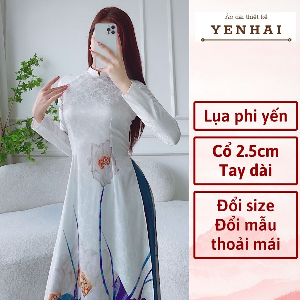 Áo dài cao cấp lụa phi yến thiết kế cổ cao tay dài in hoa sen lá xanh -PY12