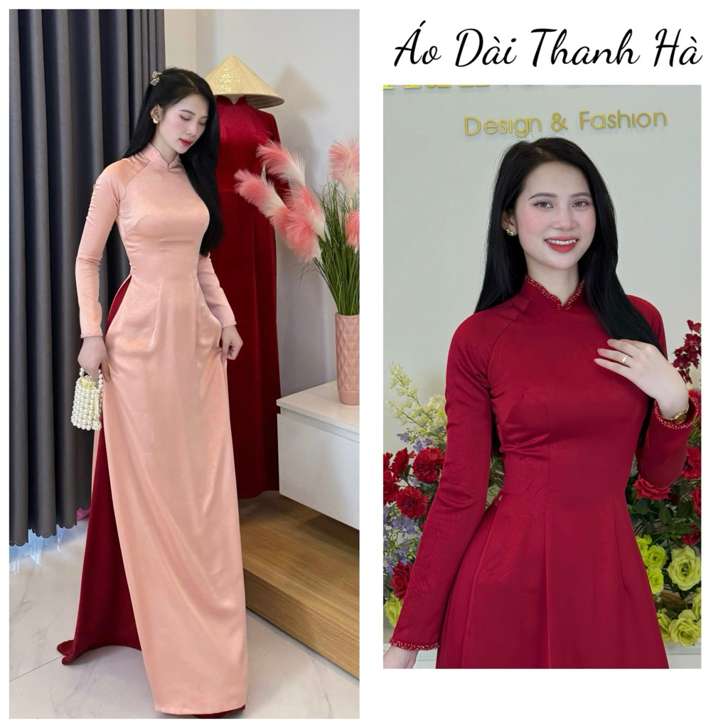 Áo Dài Truyền Thống Lụa Vân Hà Lan Cổ Lượn,Đính Kết Cổ Và Tay,Form Ôm Tôn Dáng - Áo Dài Thanh Hà