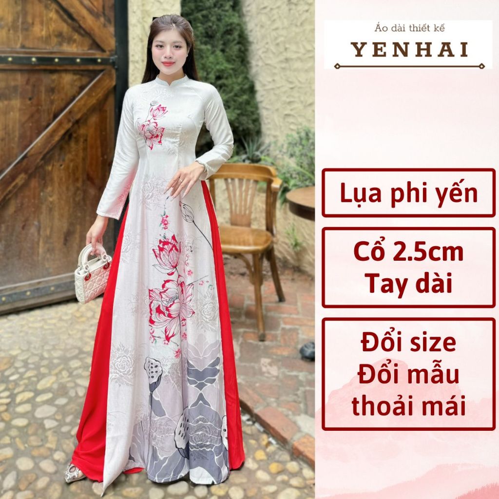 Áo dài cao cấp lụa phi yến hoa sen hồng thiết kế cổ cao tay dài - PY13