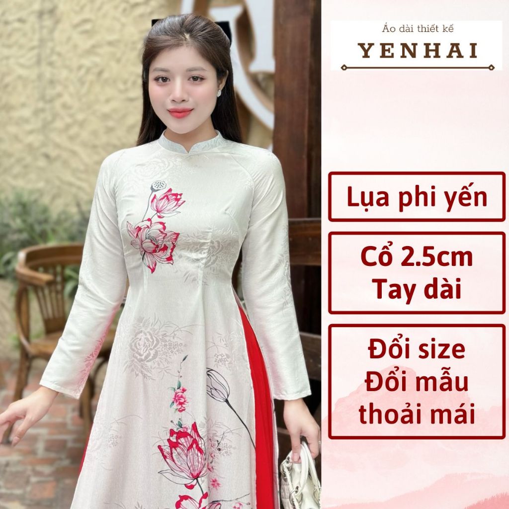 Áo dài cao cấp lụa phi yến hoa sen hồng thiết kế cổ cao tay dài - PY13