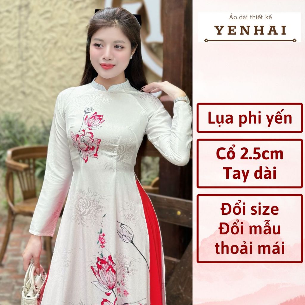 Áo dài cao cấp lụa phi yến hoa sen hồng thiết kế cổ cao tay dài - PY13