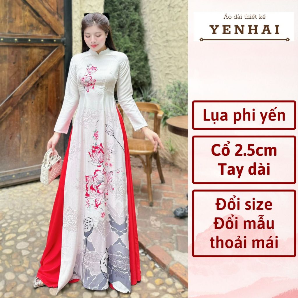 Áo dài cao cấp lụa phi yến hoa sen hồng thiết kế cổ cao tay dài - PY13