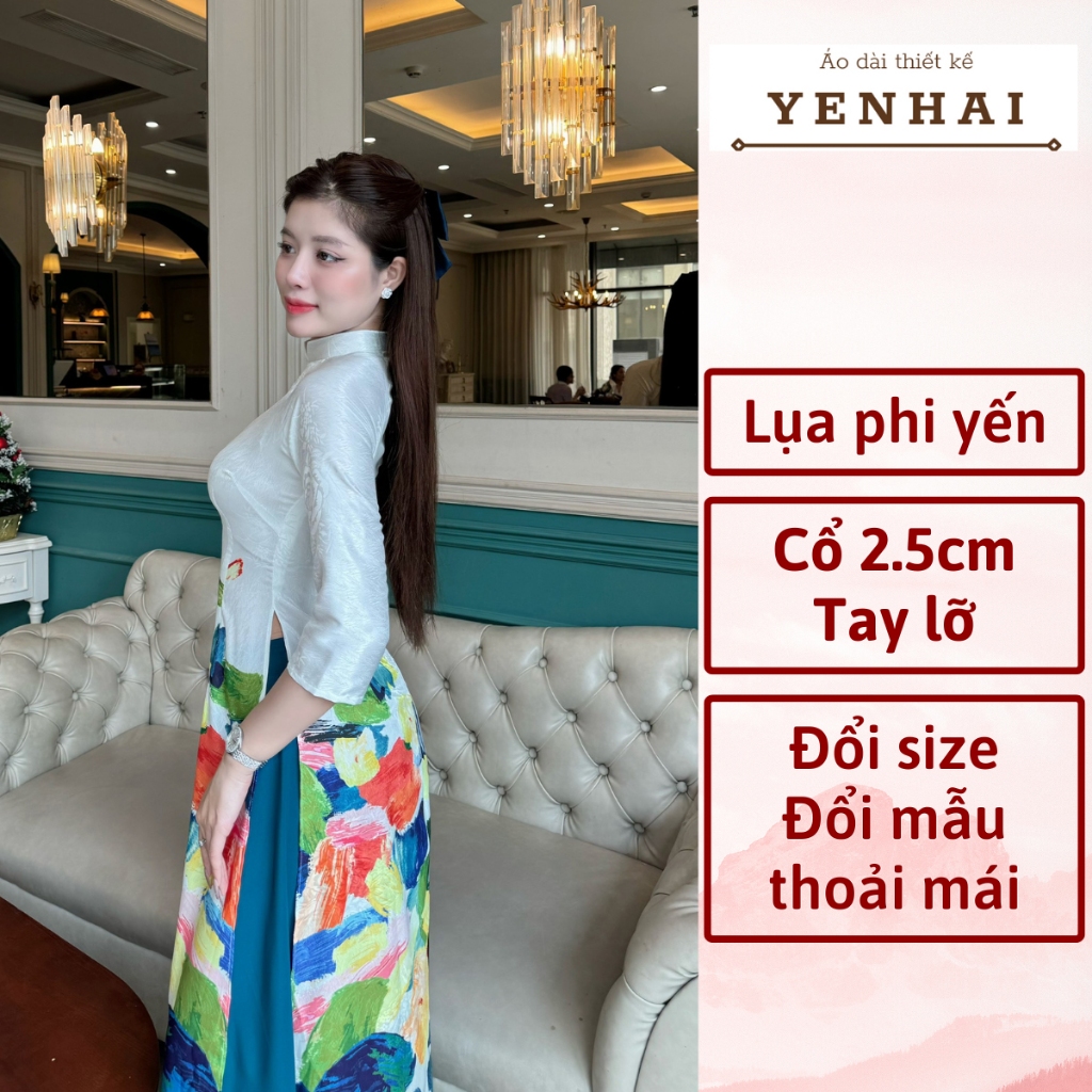 Áo dài cao cấp lụa phi yến in họa tiết họa sĩ thiết kế cổ cao tay lỡ - PY2015