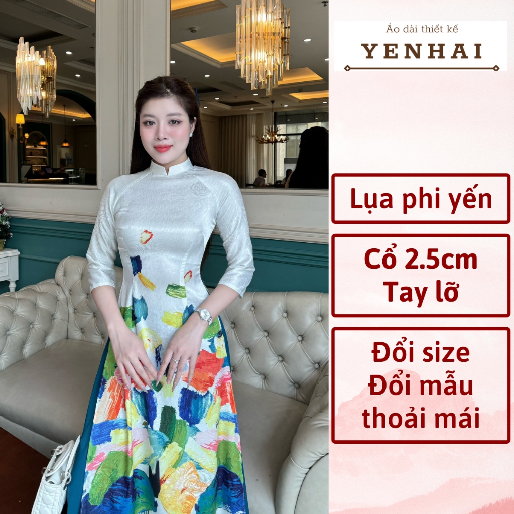 Áo dài cao cấp lụa phi yến in họa tiết họa sĩ thiết kế cổ cao tay lỡ - PY2015
