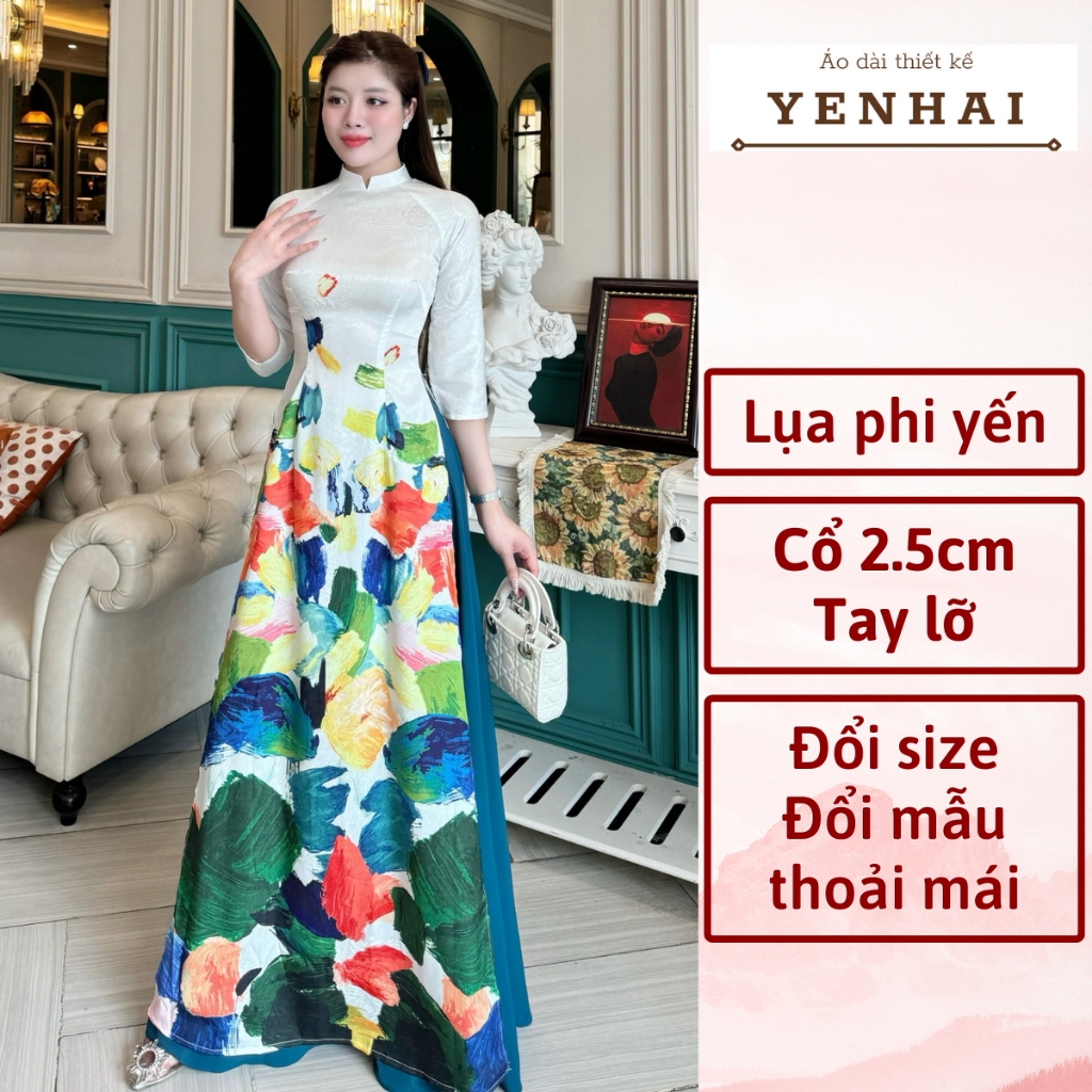 Áo dài cao cấp lụa phi yến in họa tiết họa sĩ thiết kế cổ cao tay lỡ - PY2015