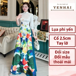 Áo dài cao cấp lụa phi yến in họa tiết họa sĩ thiết kế cổ cao tay lỡ - PY2015