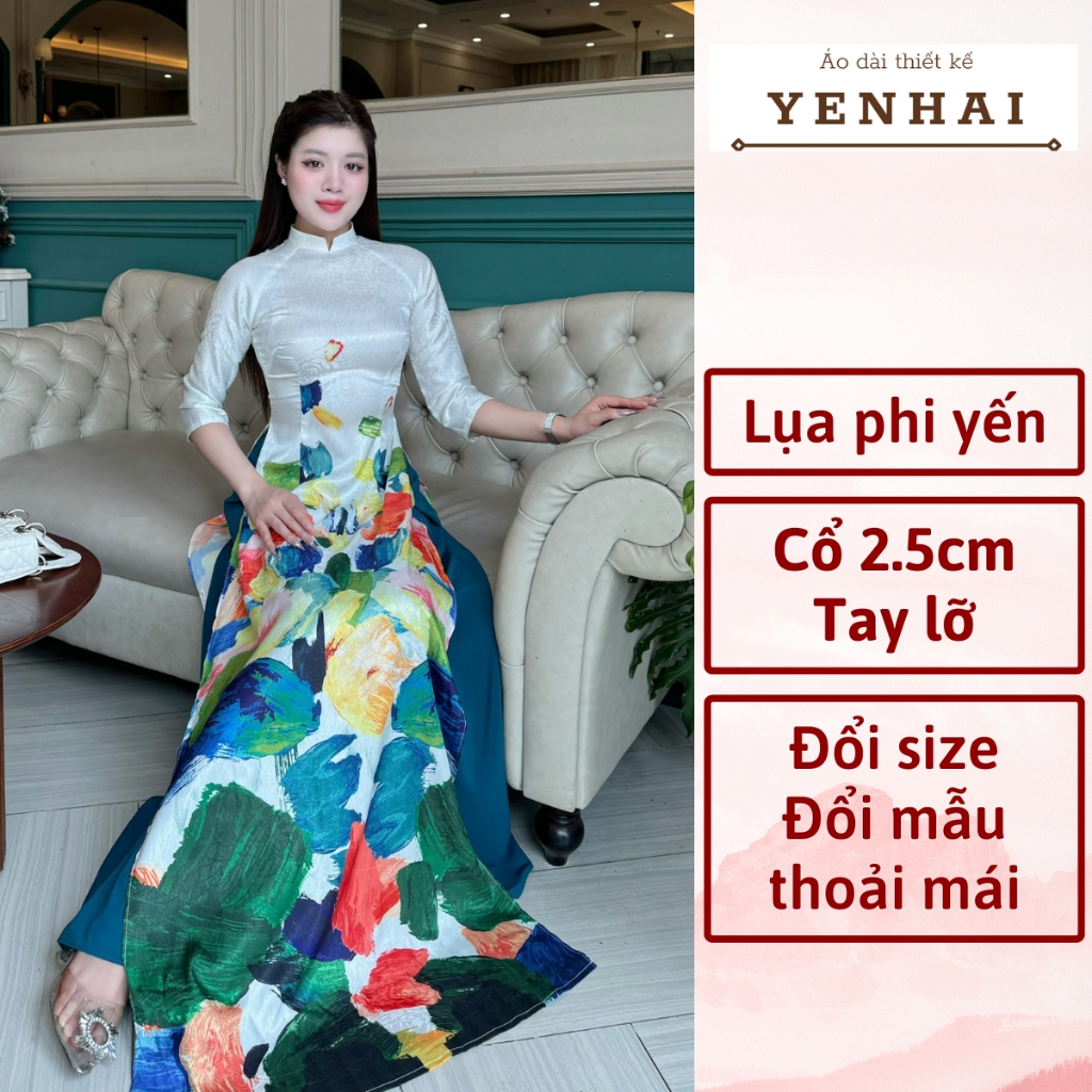 Áo dài cao cấp lụa phi yến in họa tiết họa sĩ thiết kế cổ cao tay lỡ - PY2015