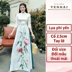 Áo dài cao cấp lụa phi yến thiết kế cổ cao tay lỡ in hoa Poppy trẻ trung - PY2019
