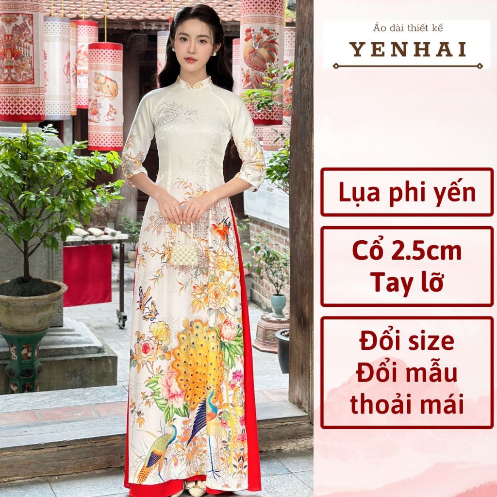Áo dài cao cấp lụa phi yến thiết kế cổ cao tay lỡ in chim công sang trọng - PY2045