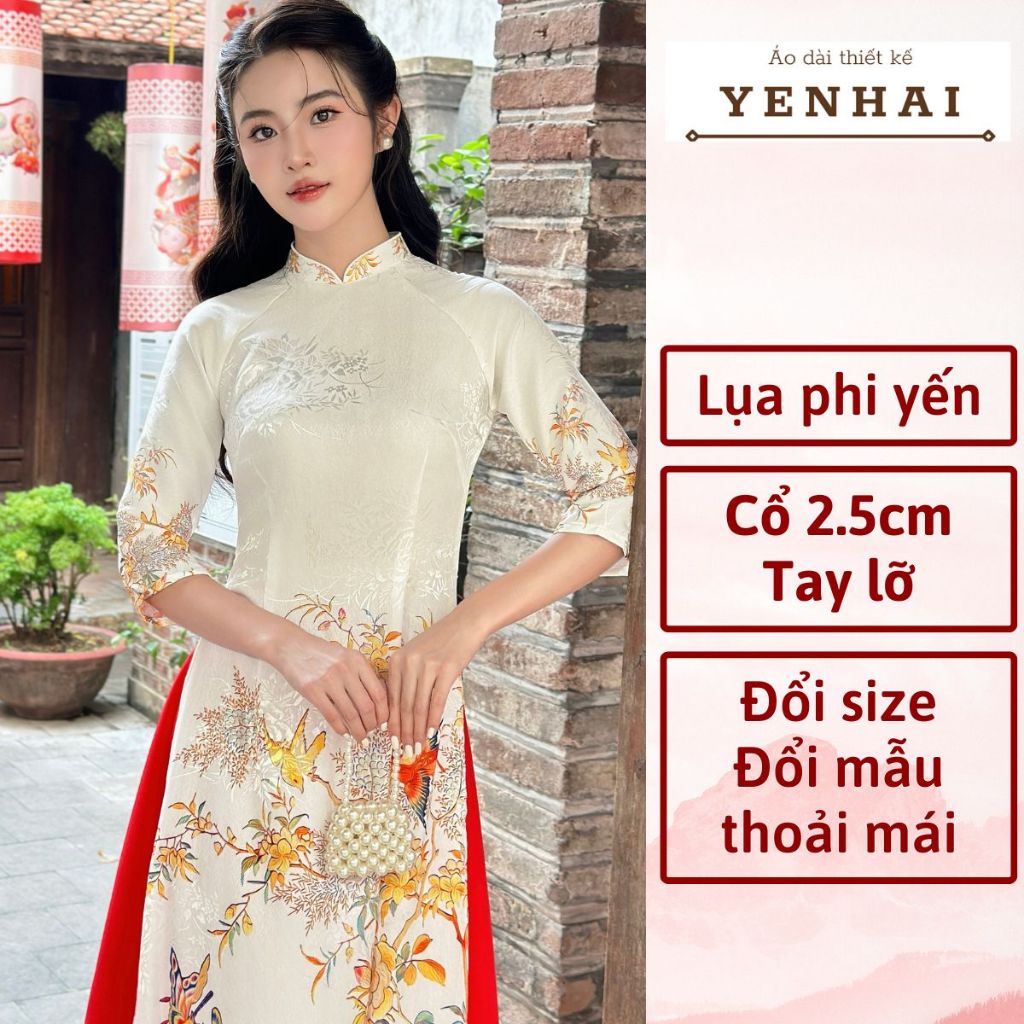 Áo dài cao cấp lụa phi yến thiết kế cổ cao tay lỡ in chim công sang trọng - PY2045