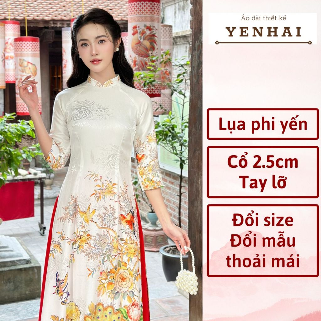 Áo dài cao cấp lụa phi yến thiết kế cổ cao tay lỡ in chim công sang trọng - PY2045