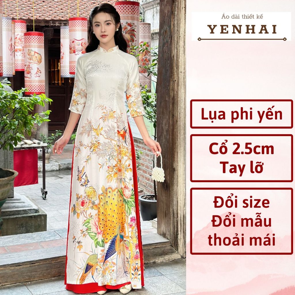 Áo dài cao cấp lụa phi yến thiết kế cổ cao tay lỡ in chim công sang trọng - PY2045