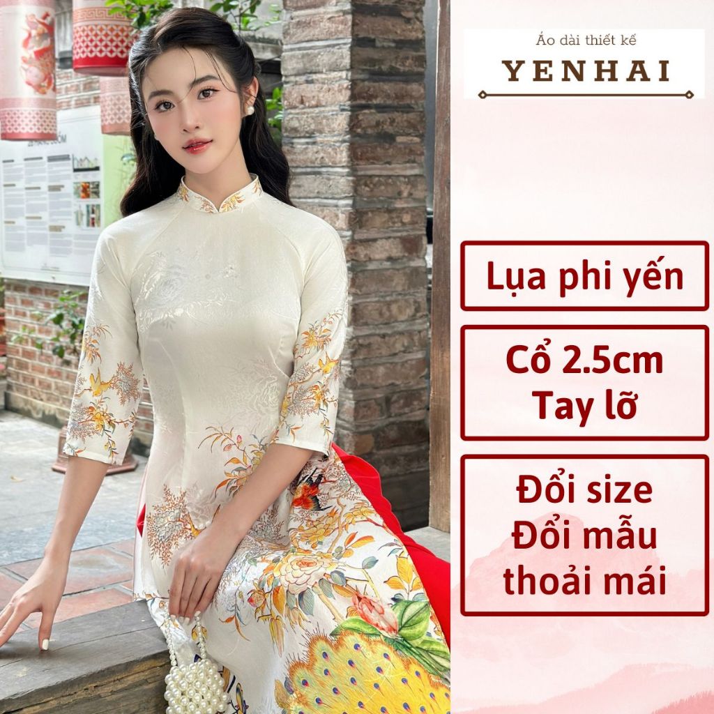 Áo dài cao cấp lụa phi yến thiết kế cổ cao tay lỡ in chim công sang trọng - PY2045