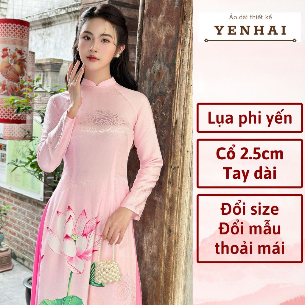 Áo dài cao cấp lụa phi yến in hoa sen nền hồng phấn thiết kế cổ cao tay dài - PY2050