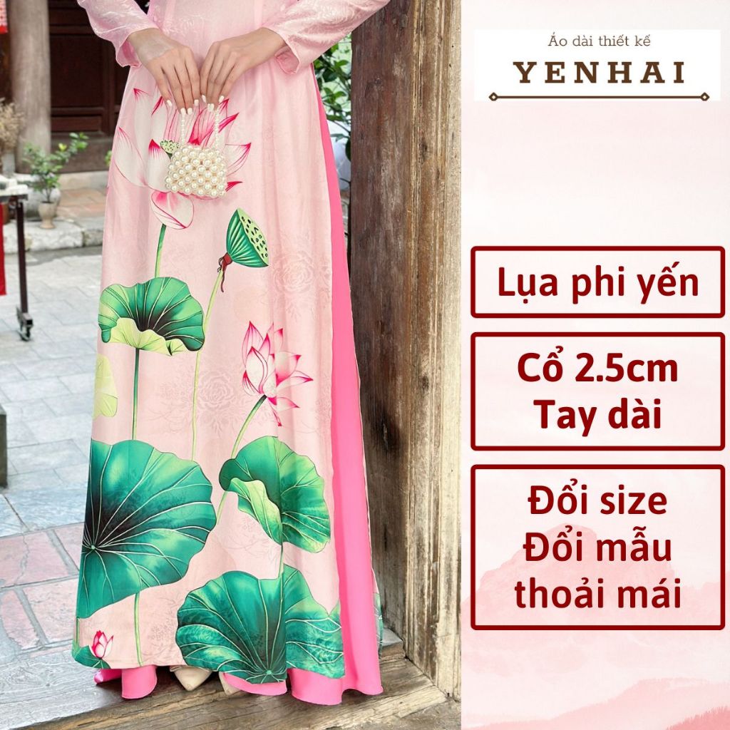 Áo dài cao cấp lụa phi yến in hoa sen nền hồng phấn thiết kế cổ cao tay dài - PY2050