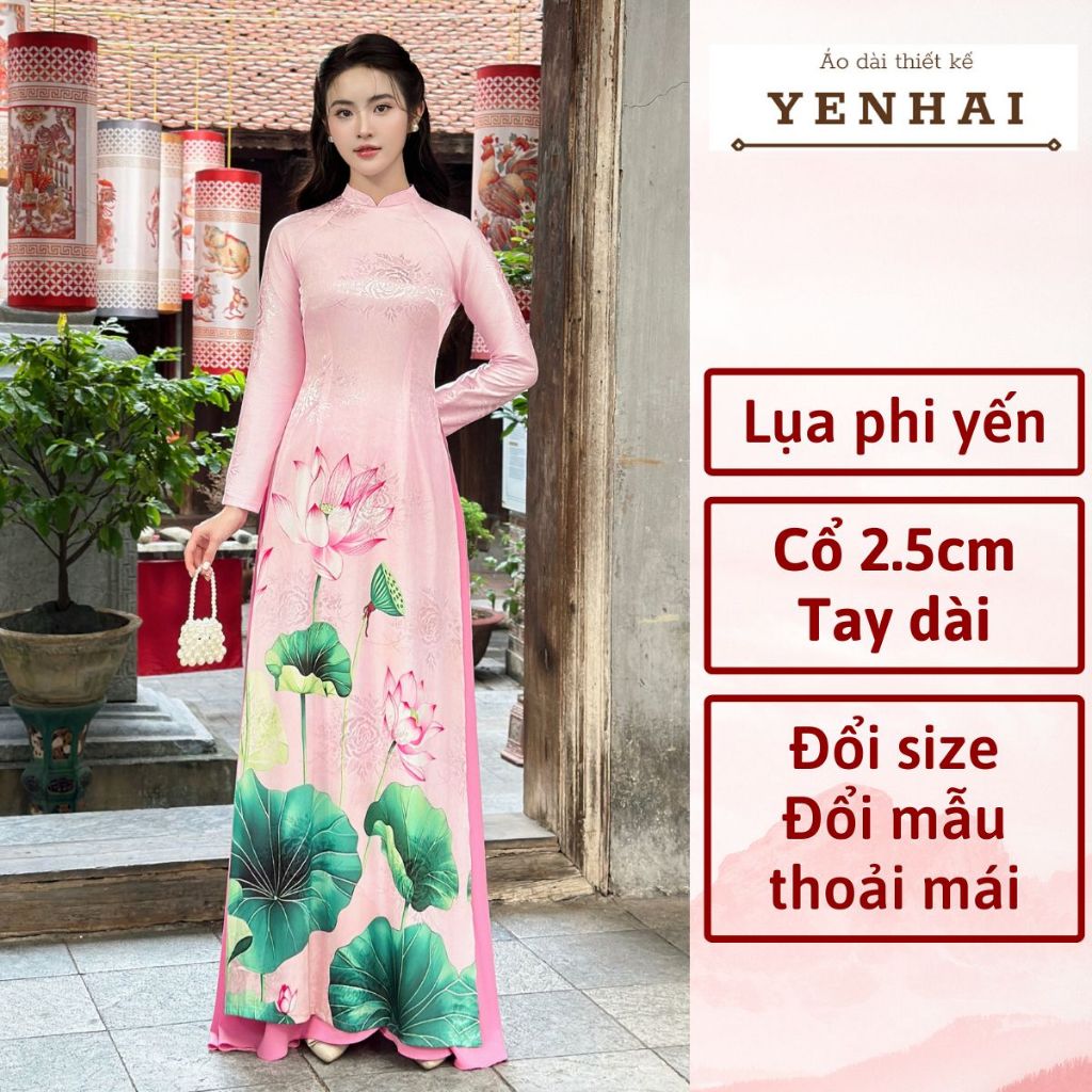 Áo dài cao cấp lụa phi yến in hoa sen nền hồng phấn thiết kế cổ cao tay dài - PY2050