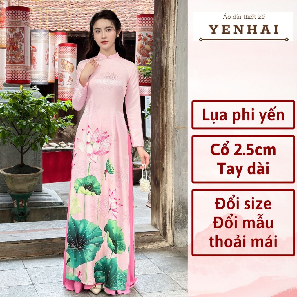 Áo dài cao cấp lụa phi yến in hoa sen nền hồng phấn thiết kế cổ cao tay dài - PY2050