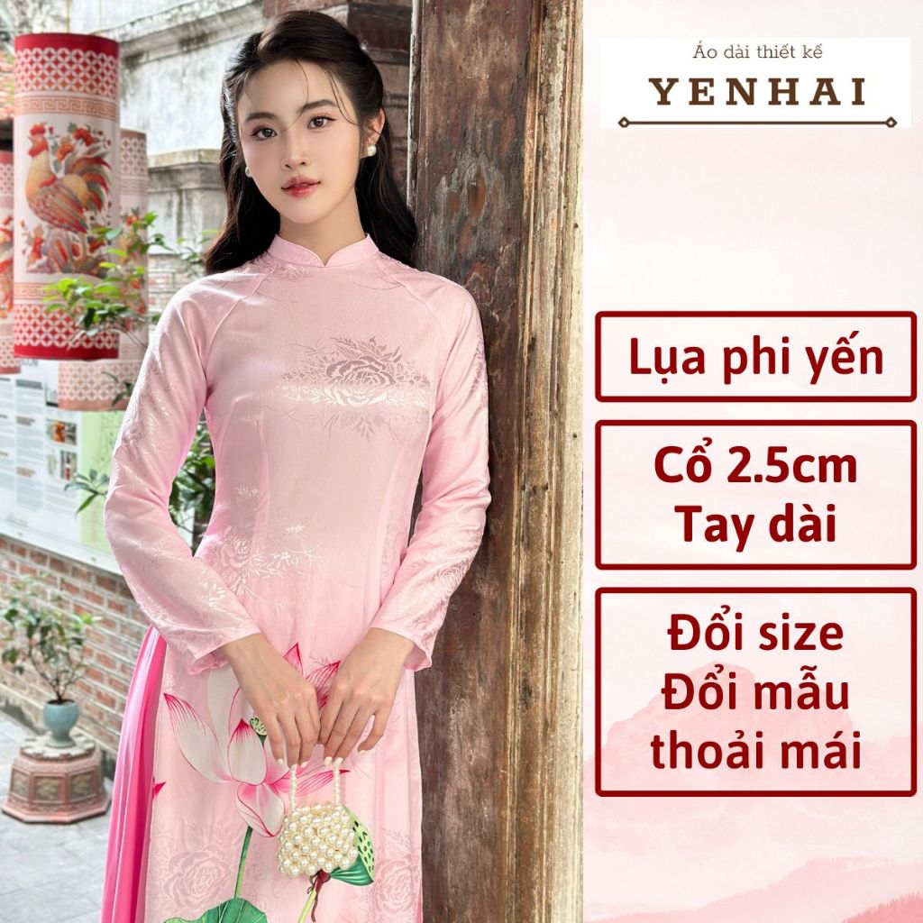 Áo dài cao cấp lụa phi yến in hoa sen nền hồng phấn thiết kế cổ cao tay dài - PY2050