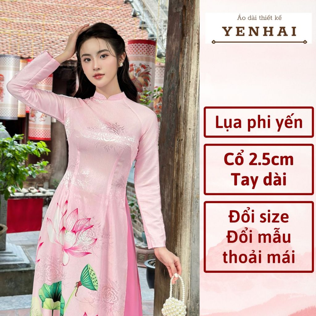 Áo dài cao cấp lụa phi yến in hoa sen nền hồng phấn thiết kế cổ cao tay dài - PY2050