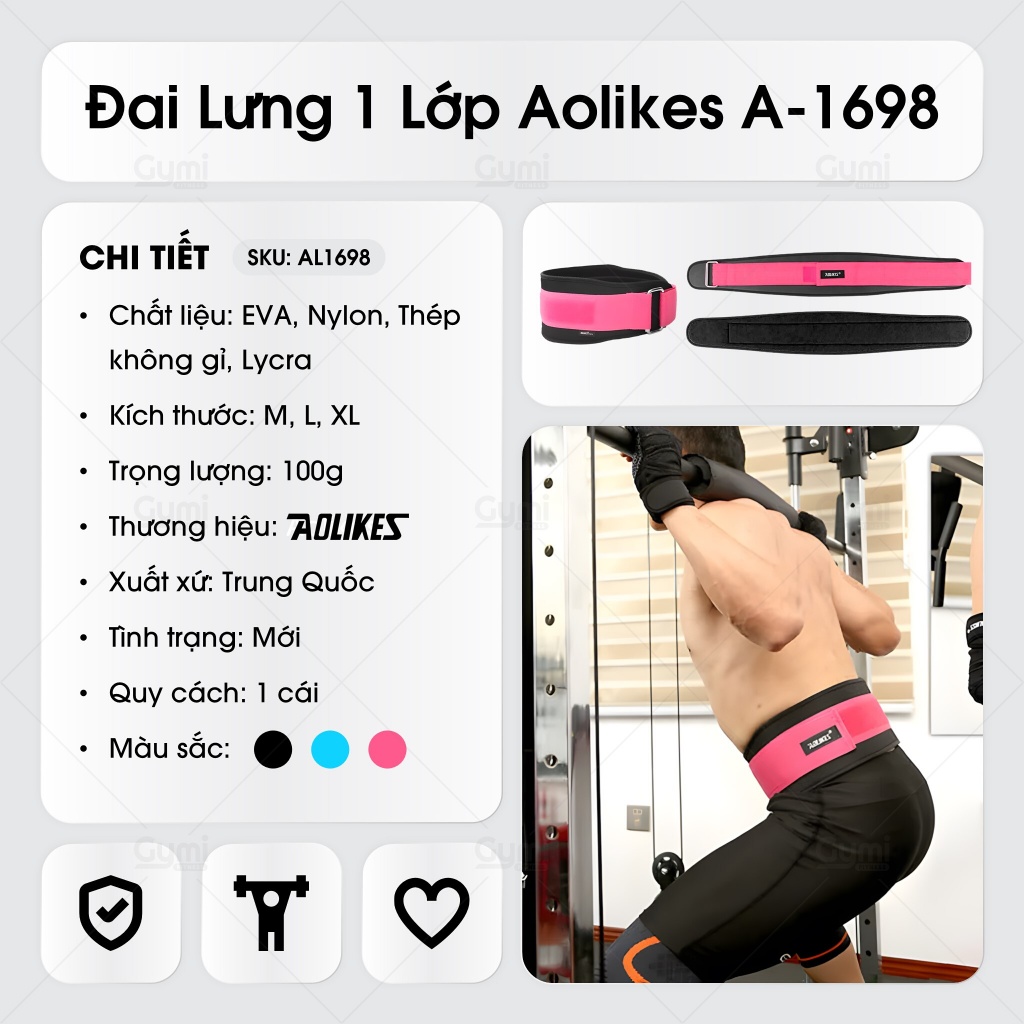 Đai Lưng 1 Lớp Aolikes A-1698 - Đai Lưng Bảo Vệ Cột Sống Tập Gym, Thể Thao Nam & Nữ - DL-AL1698